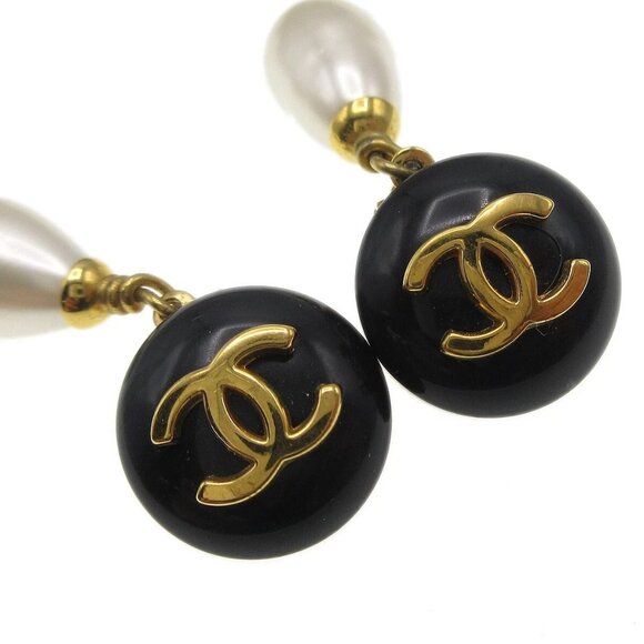 Chanel Artificial Pearl Dangle Earrings Clip-On Black 96P 28573 - Picture 5 of 5